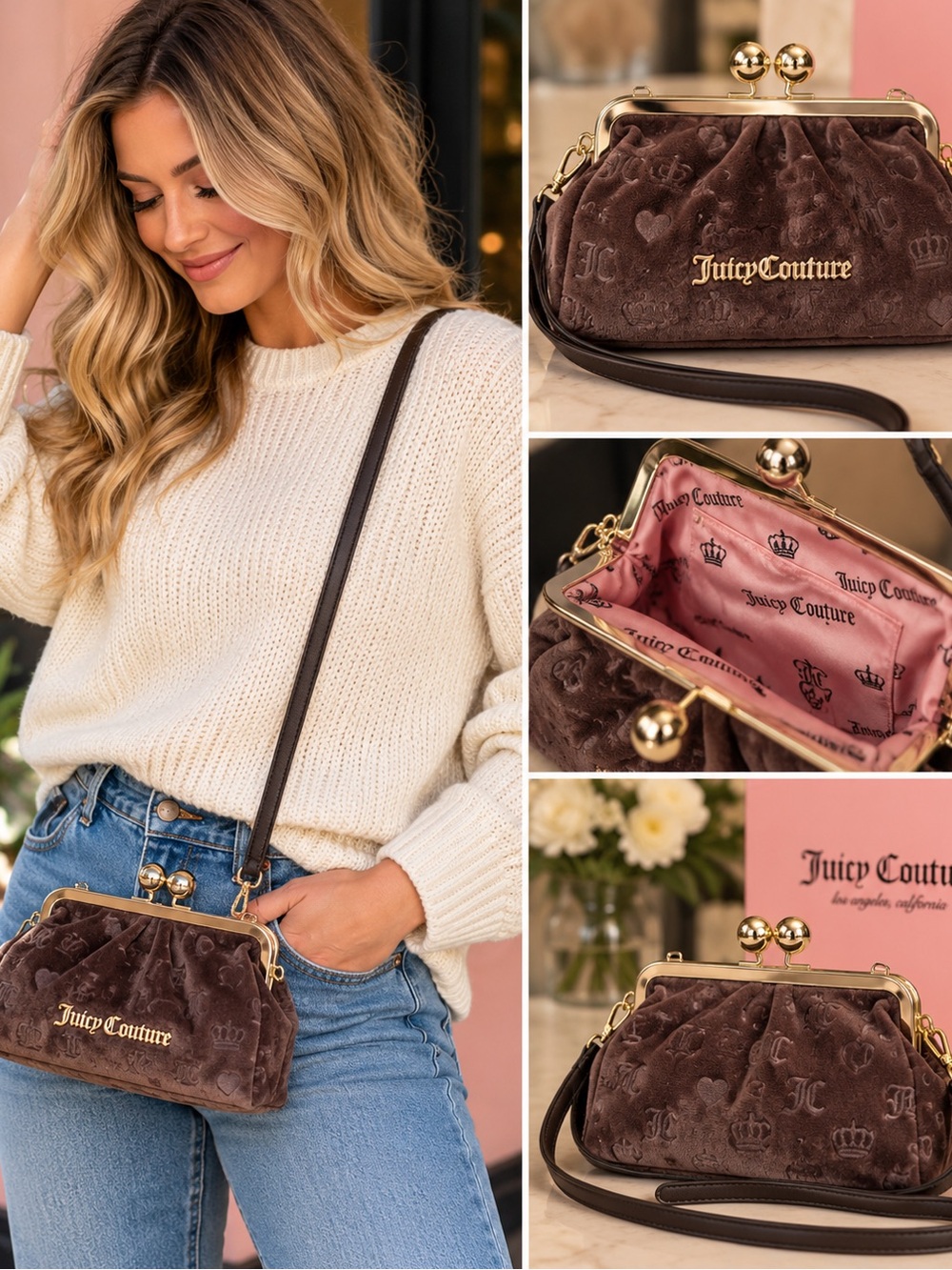 Juicy Couture Chocolate Brown Velvet Kiss-Lock Crossbody with Pink Lining